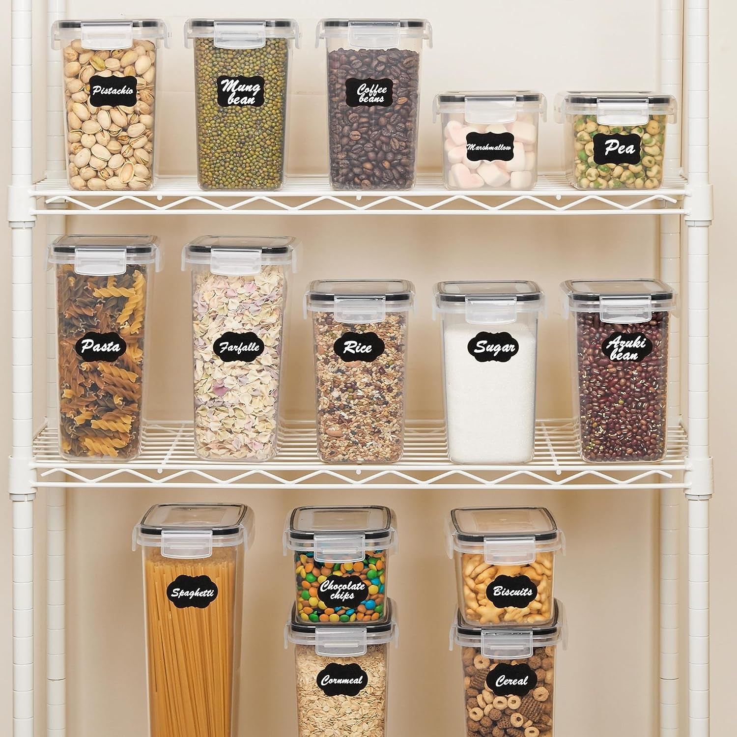 Airtight Food Storage Containers Set with Lids, 15Pcs BPA Free Plastic Dry Food Canisters for Kitchen Pantry Organization, Dishwasher Safe, Include 24 Labels, Black